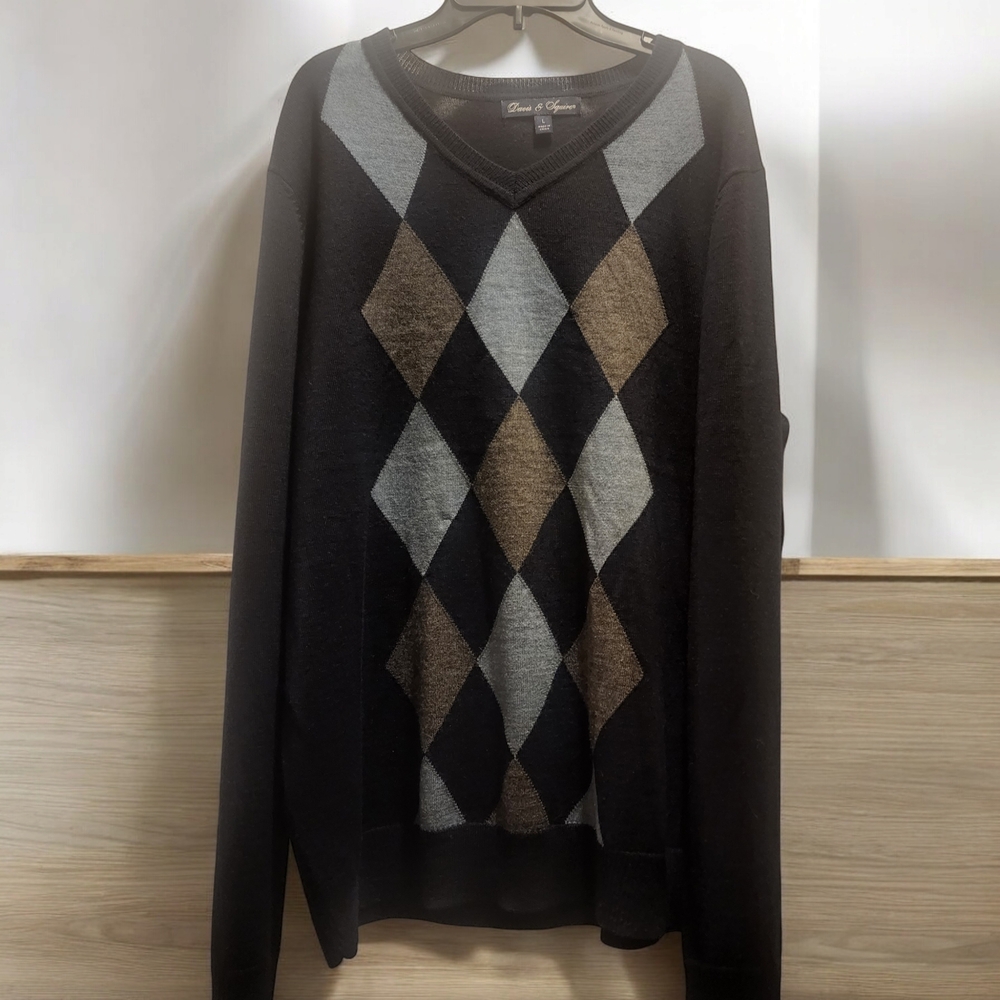 Davis & Squire Sweater Mens L Navy Blue Gray Merino Wool Blend Argyle V Pullover